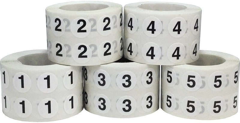 Numbers 1-5 Bulk Pack Office Warehouse Organization Inventory Stickers 1/2 Inch 1,000 Per Roll 5,000 Total Stickers