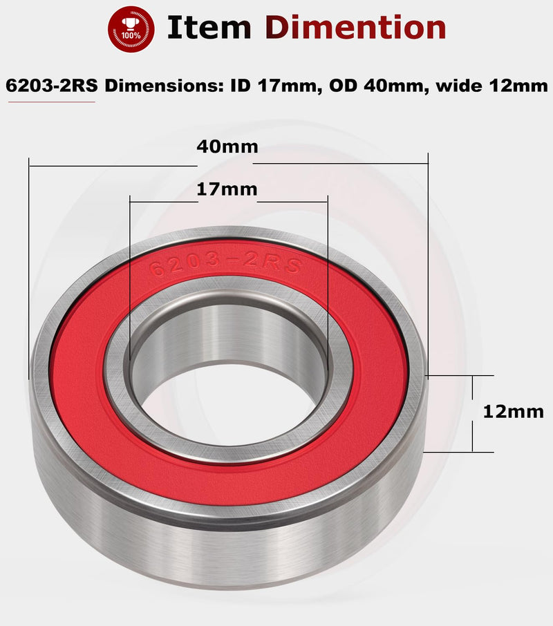 [Australia - AusPower] - 10 PCS 6203-2RS Double Sealed Deep Groove Ball Bearings, 17x40x12mm, Pre-Lubricated with Double Red Rubber Seal & High RPM Support 6203DDU 6203VV 10 PCs 