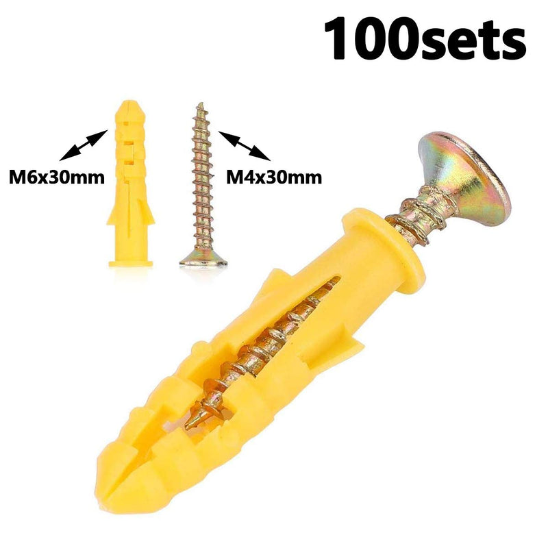 100 Sets Small Yellow Plastic Expansion Tube Expansion Plug with Self-Tapping Screws Self Drilling Screws Wall Expansion Plug