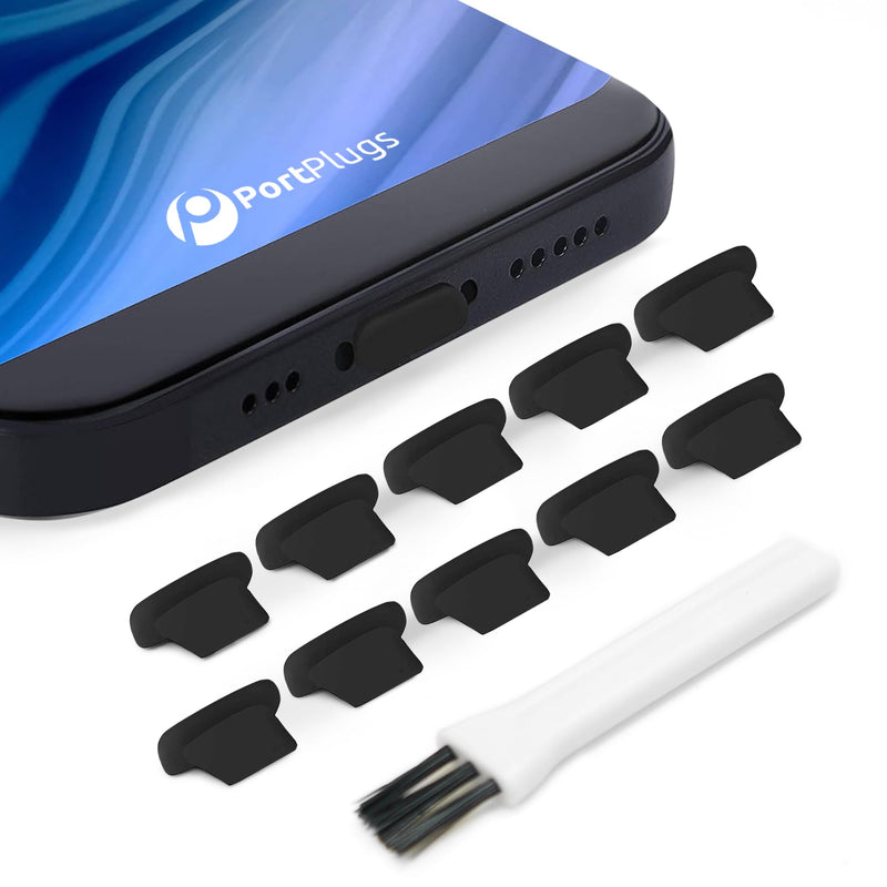[Australia - AusPower] - Anti Dust Plugs (10 Pack) - Includes Charging Port Cleaning Brush - Flat Design Port Protector Cover - Compatible w/iPhone 14, 13,12,11 & Air Pods - Black 