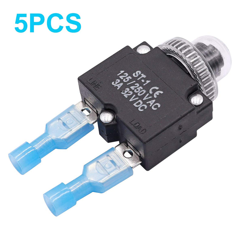 [Australia - AusPower] - mxuteuk 5Pcs 3Amp Circuit Breakers Push Button Manual Reset 125/250V AC 32V DC,Overload Protector Switch Thermal Circuit Breakers with Quick Connect Terminals and Waterproof Button Caps ST1-5-3A 3A 