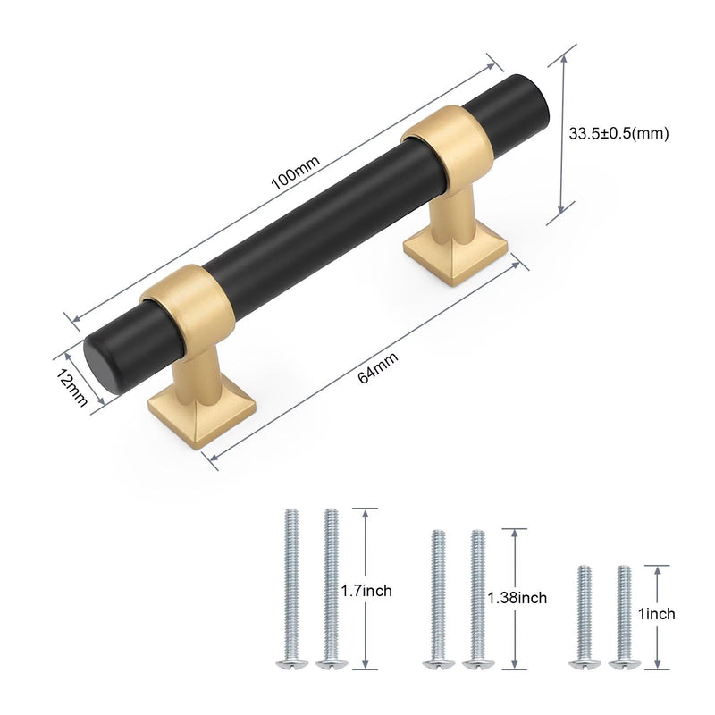 10Pack Hole Centers 2.5inch(64mm) Black Cabinet Handles with Gold Champagne Base T Shaped Kitchen Cabinet Pulls Hardware Pull Handle for Cabinets Dressers 4inch Total Length Hole Centers: 2.5inch Black with Champagne Gold Base 10