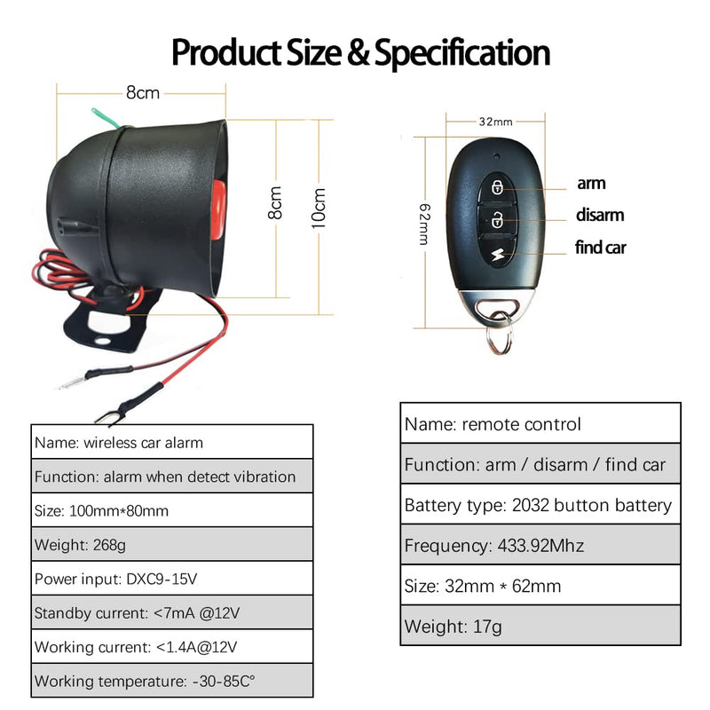 [Australia - AusPower] - DIYV1 1-Way Wireless Car Alarm Vehicle Security System Anti-Theft Burglar Vibration Sensor Horn Siren Universal 12V Auto Anti-Theft Protection System Simple DIY Install Manual Control*2 