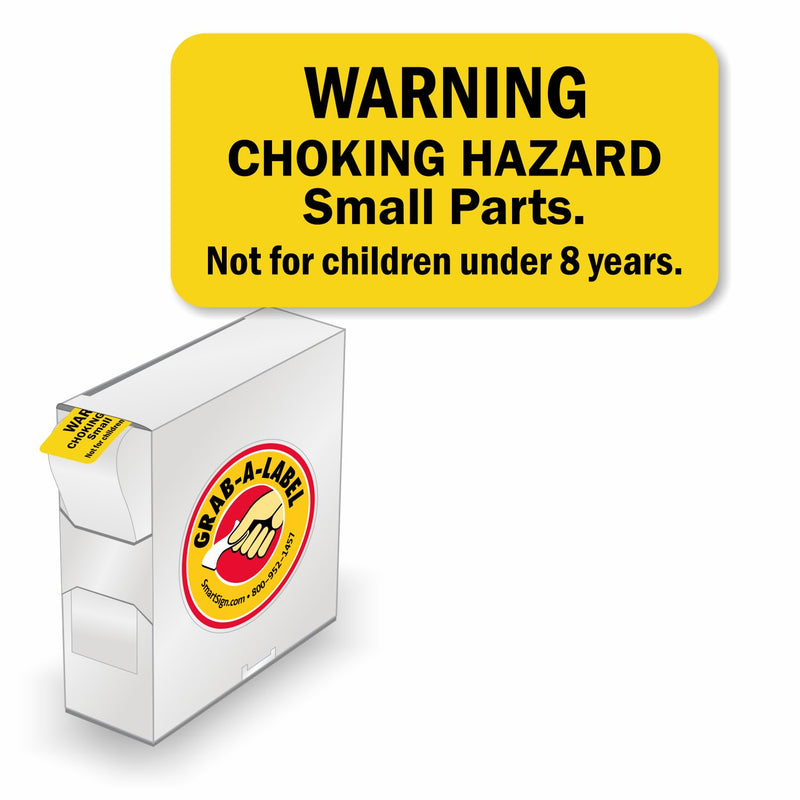SmartSign (750/Pack) Warning Choking Hazard Small Parts Not for Children Under 8 Years Labels in Dispenser Box, 0.5 x 1 inch, Semi-Gloss Paper Stickers with Permanent Adhesive, Yellow/Black, USA-Made