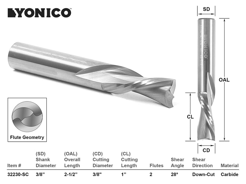 YONICO Downcut Router Bits Spiral 2 Flute Solid Carbide CNC End Mill 3/8-Inch Dia. 3/8-Inch Shank 32230-SC 3/8" Diameter - 1" Length
