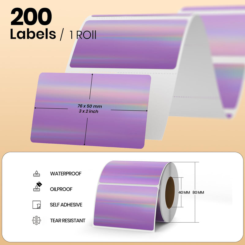 Holographic Thermal Labels Vinyl Purple 2 × 3 Inch Self-Adhesive Laser Direct Printable Address Stickers Roll Waterproof Printer Decals for QR Code DIY Name Tag 200 PCS Holographic Purple
