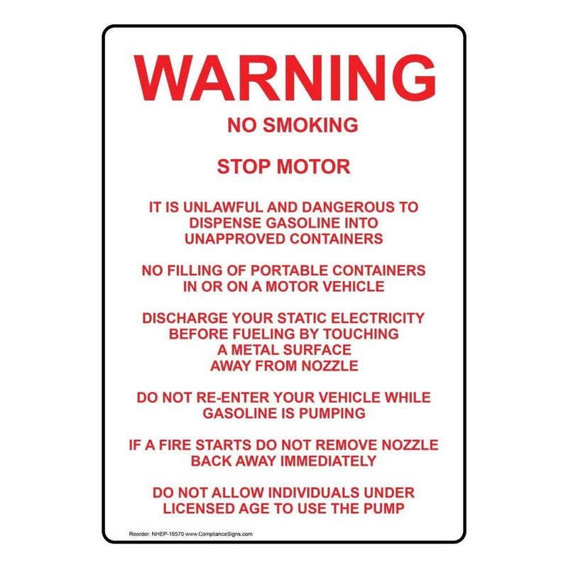 ComplianceSigns.com Vertical Warning No Smoking Stop Motor It is Dangerous Label Decal, 5x3.5 inch 4-Pack Vinyl for Fuel Hazmat