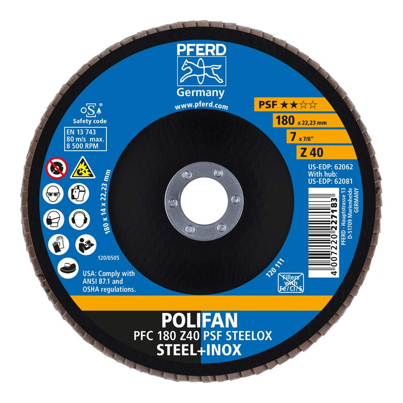 PFERD Tools Polifan Serrated Washer PFC | 180 x 22.23 mm, Conical, Z40, Universal Line PSF Steelox | 67764185 - for Steel and Stainless Steel (INOX)
