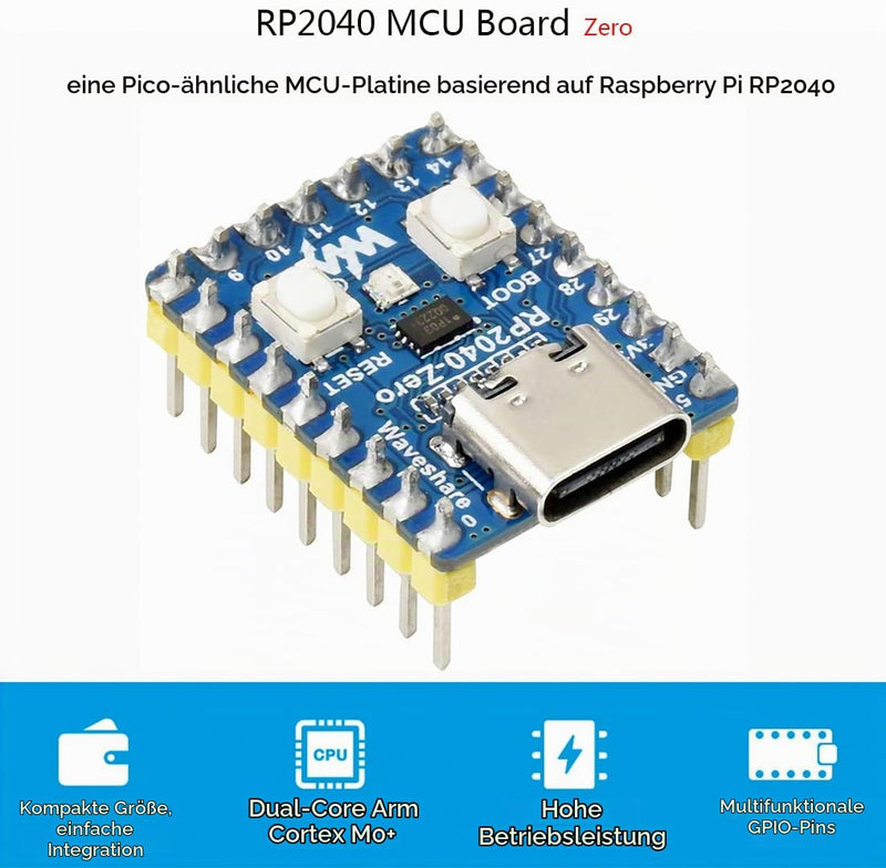Waveshare RP2040-Zero Board with Pin Header, Based on Raspberry Pi MCU RP2040, Dual-Core Arm Cortex M0+ Processor, Flexible Clock with up to 133 MHz, Onboard 2 MB Flash, USB-C Connection RP2040-Zero with Pinheader