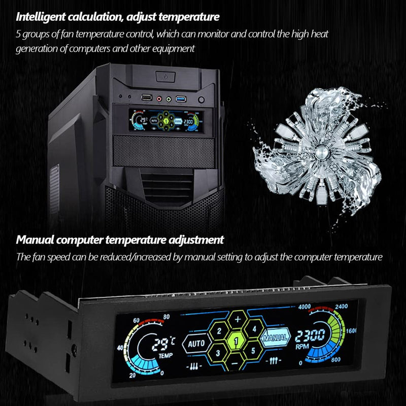 [Australia - AusPower] - Front LCD Panel for 5 Fans Speed Controller, CPU Temperature Sensor, Computer Cooling, Drive Bay, AUTO/Manual Mode Switch 