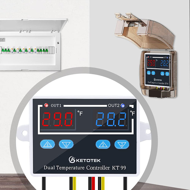 [Australia - AusPower] - KETOTEK KT99 Temperature Controller 120V 10A Digital Thermostat Regulator Switch Dual 1.5m Waterproof Probe for Heater Cooler Fahrenheit Display Aquarium 