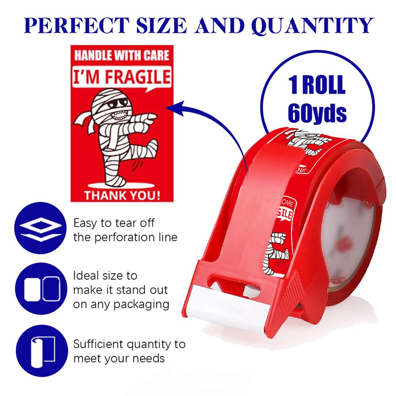 Fragile Tape for Safe Moving and Shipping,Cute Design and Free Dispenser | 1.78 Inch Width x 60 Yards, Durable Packaging Tape for Boxes, Ideal for Mailing and Storage mummy