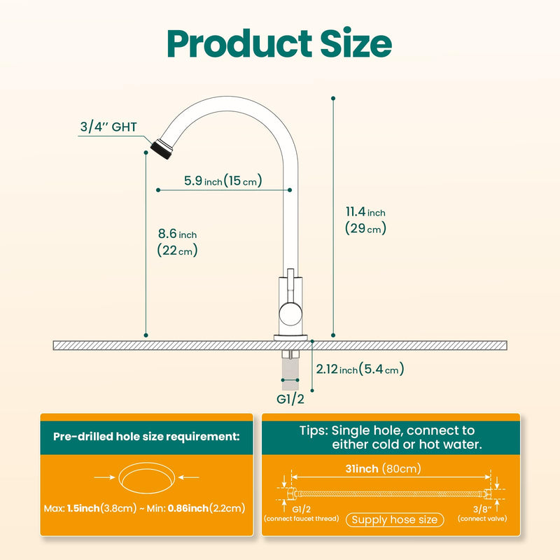 Cold Water Faucet Only – Brushed Nickel Stainless Steel Single Hole Faucets High Arc Utility Sink Faucet for Laundry, Outdoor, 3/4'' Thread End Garden Hose Adapter