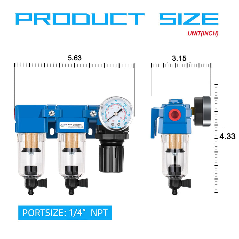 [Australia - AusPower] - NANPU 1/4" NPT Air Drying System - Double Air Filters, Air Pressure Regulator Combo - Manual Drain, Poly Bowl - DFR-02M 