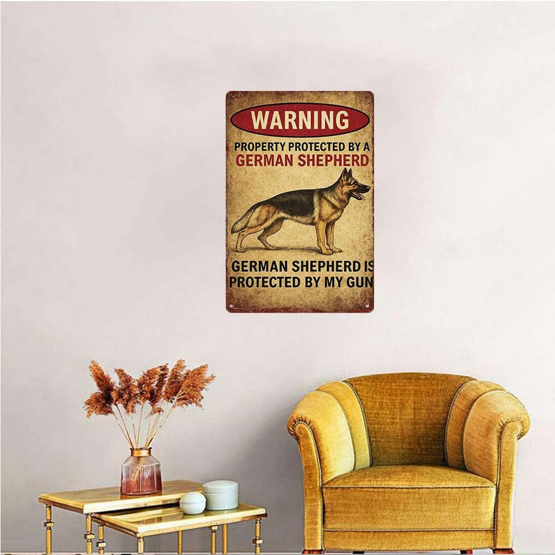 German Shepherd Warning Sign - Property Protected by Gun - Rustic Decorative Wall Art - 12x8 inch Aluminum Plaque for Home, Office, or Garage