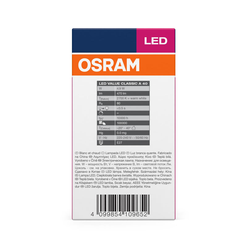 [Australia - AusPower] - Osram LED Star Value Classic A40 LED Bulb for E27 Socket, Pear Shape, FR, 470 Lumens, Warm White (2700K), Replacement for Conventional 40W Incandescent Bulbs, Non-Dimmable, Pack of 10 40W-Ersatz Matte 10 Pack 