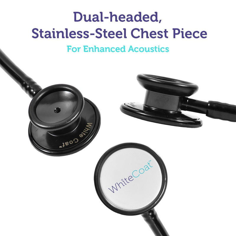 White Coat Dual Head Stethoscope, Lightweight and Acoustical with Protective Case – Jet Black Plus LED Pen Light Pupil Gauge