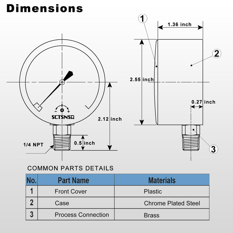 [Australia - AusPower] - 0 to 15 Inches of Water Column Pressure Gauge, Capsule Measurement System, 2.5 inch Dial, 1/4" NPT Lower Mount, Chrome Plated Case, for Gas Line, Regulator, Air, Low Pressure Test 0-15 inH2O 