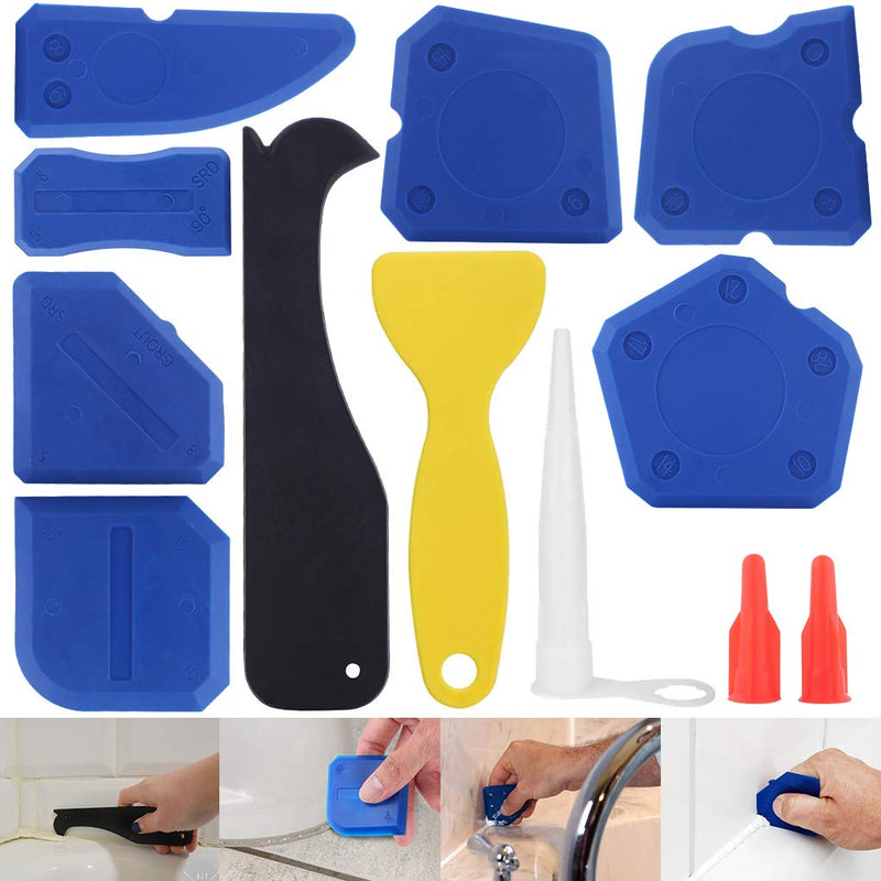 [Australia - AusPower] - Caulking Tool, 12 Pieces Silicone Sealant Finishing Grout Tools Kit, Caulk Skirting Boards & Base Boards Replaceable Pads, for Bathroom Kitchen Sealing Hand Caulk Removal Tool (Blue) 