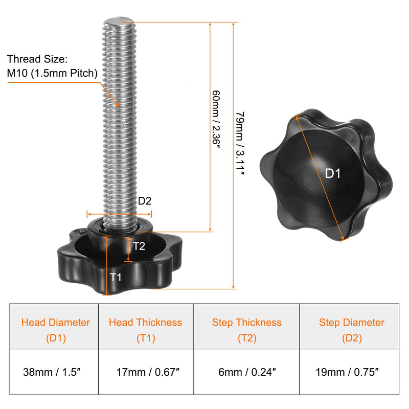 [Australia - AusPower] - HARFINGTON 8pcs Star Knobs M10 x 60mm 304 Stainless Steel Threaded Stud 38mm Plastic 6-Star Head Hand Tightening Thumb Screw Clamping Jig Knob Handle, Black M10 x 60mm x 38mm 
