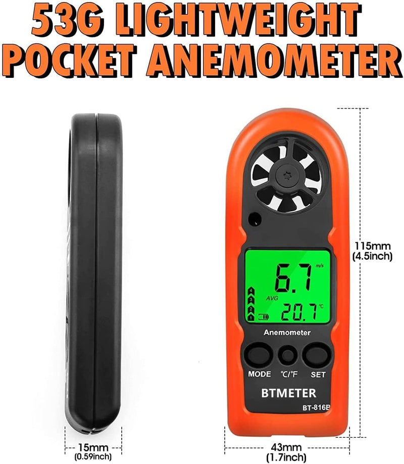 BTMETER Anemometer Handheld Wind Speed Meter, Mini Digital Air Flow Meter with LCD Backlight/Wind Chill & Temp, Max/Avg/Current Mode to Measure Air Flow Velocity for Kayaking Drone HVAC 816B-2pcs Red