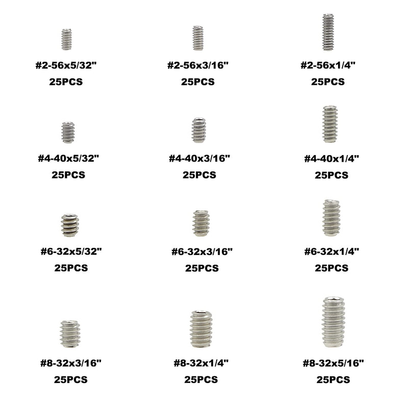 [Australia - AusPower] - 300PCS #2-56#4-40#6-32#8-32 UNC 304 Stainless Steel Internal Hex Drive Cup Point Set Screws Assortment Kit #2-56 #4-40 #6-32 #8-32UNC 