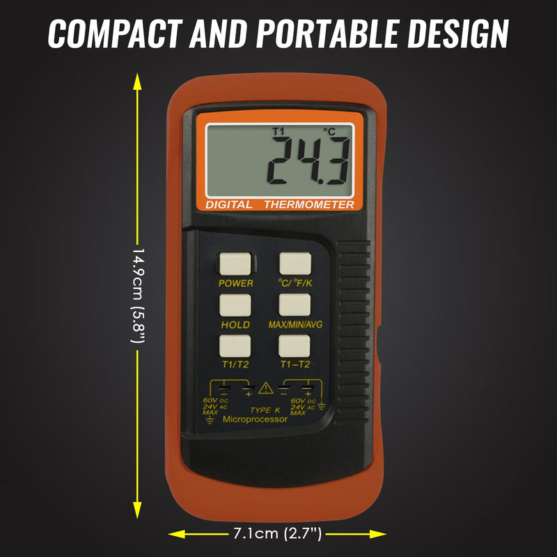 [Australia - AusPower] - Dual Channels Thermocouple Thermometer 4 Thermocouples (Wired & Stainless Steel), Handheld Desktop High Temperature Kelvin Scale Sensor Tester Temperature Range -50~1300°C (-58~2372°F) 