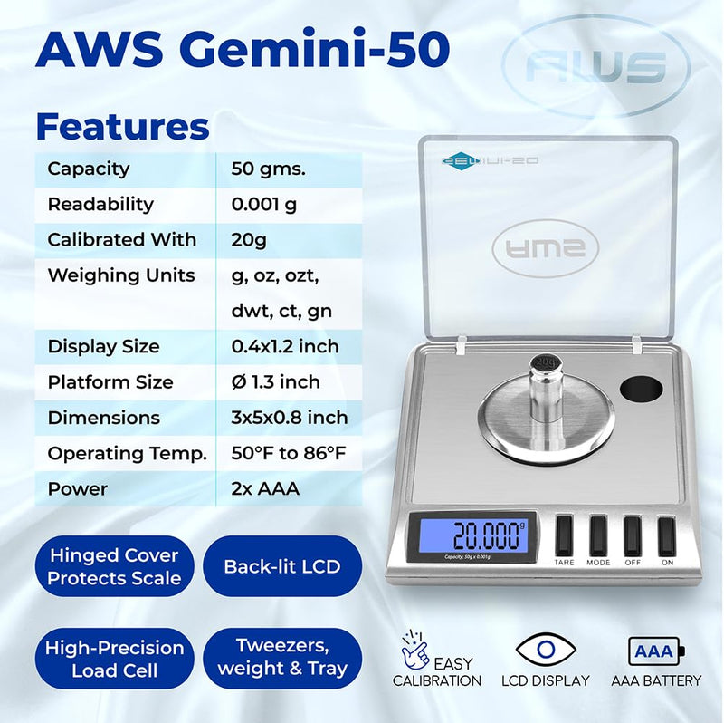 [Australia - AusPower] - AWS Gemini-50 Milligram Scale 50g x 0.001g – Digital Jewelry/Lab Scale for Powder, Gold, Gems – Includes Calibration Weights, Tweezers & Tray – Tare, Cal, 6 Units, Pocket Size Mg Scale (Silver) Gemini - 50 - Silver 