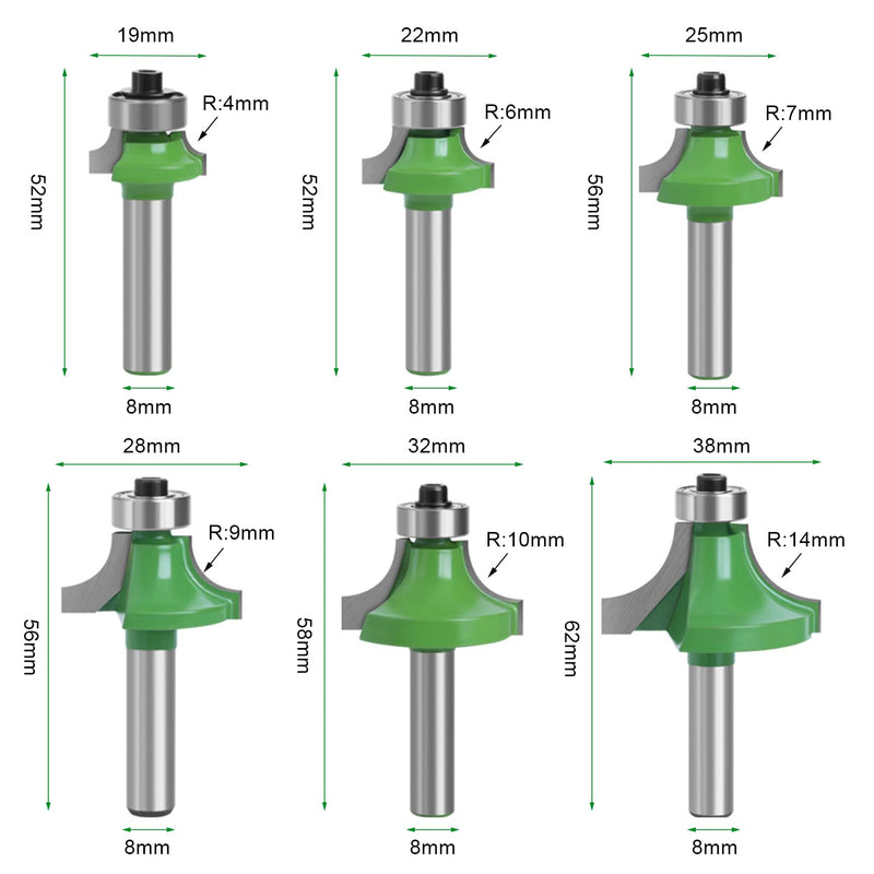 [Australia - AusPower] - Pack of 6 Rounding Cutters for Routers, Rounding Cutter 8 mm Shank, with Ball Bearings, Carbide Round Over Cutter Bits, Tools for Woodworking, for Wood Trimming 