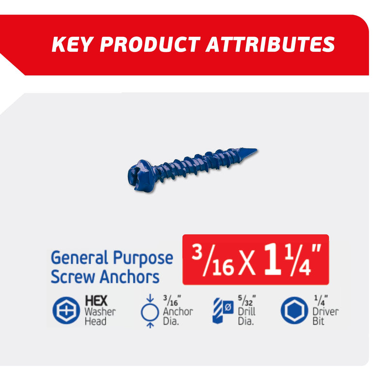 [Australia - AusPower] - 3/16 x 1-1/4" Hex Head Blue Concrete Screw Anchors (100 pcs Screw Kit) with one Screwdriver and Drill Bit for Concrete, Masonry, Block, Brick and Wood fastening 3/16 x 1-1/4" 