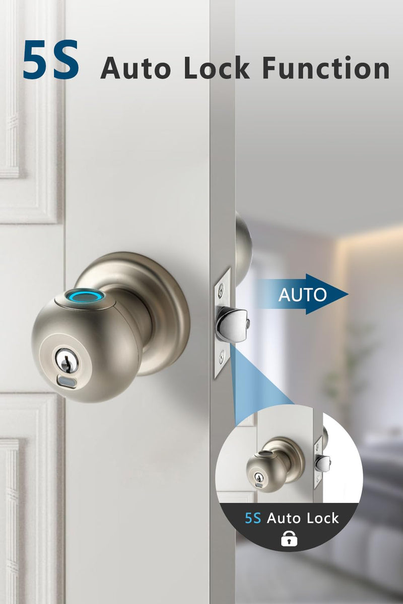 Smart Door Lock, Fingerprint Door Knob with Lock, Autolock Biometric Door Lock, Keyless Thumbprint Entry Door Lock for Bedrooms, Hotels, Apartments, Offices and Garages