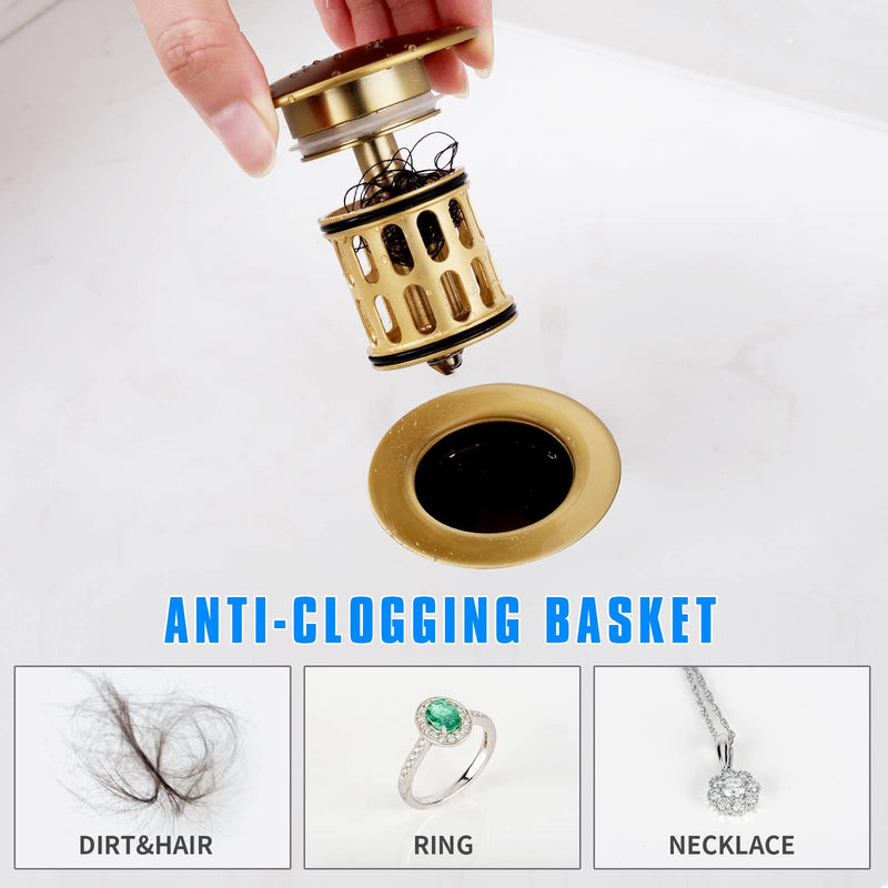 JONKEAN Bathroom Pop Up Drain Without Overflow,Vanity Vessel Sink Drain with Detachable Strainer Basket,Pop Up Drain Stopper Hair Catcher, Built-in Anti-Clogging Strainer(Brushed Gold) NO Overflow Brushed Gold
