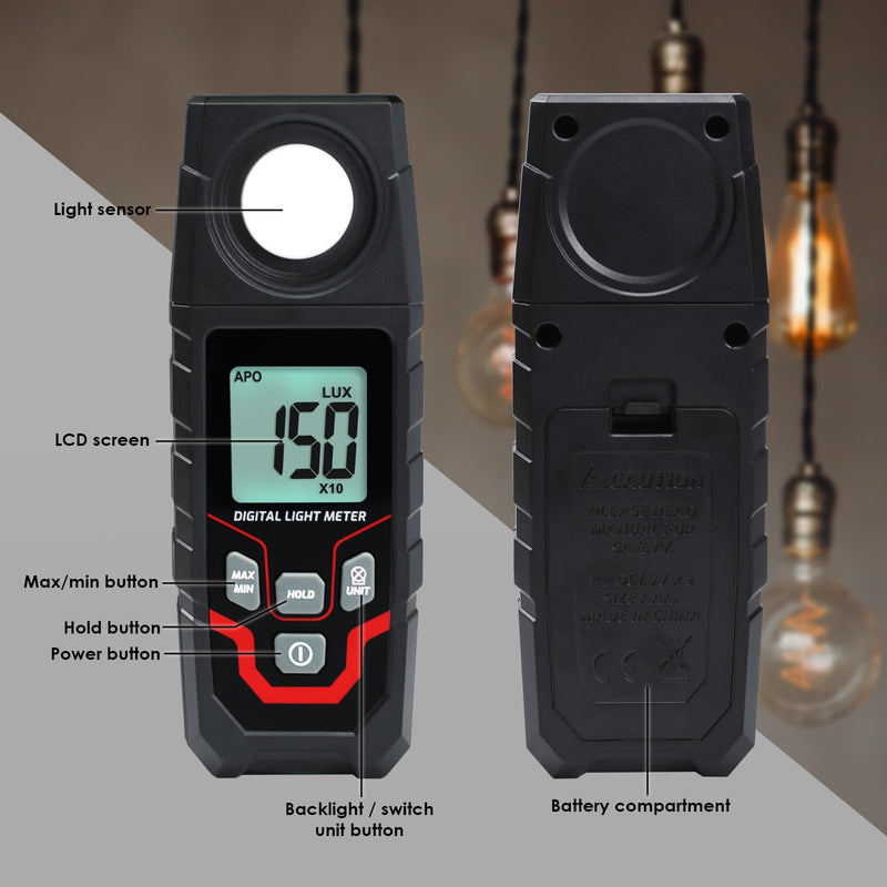 [Australia - AusPower] - Light Meter Illuminance LuxMeter Handheld Photometer LUX/FC Switchable Units 0.1 to 200,000 LUX and 0.01 to 20,000 FC with LCD Backlight for Indoor Outdoor Film Photography lumens 