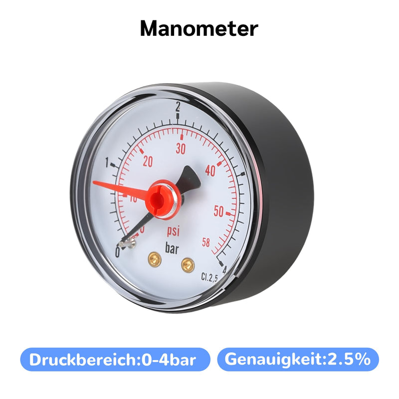 Pressure gauge, 0-4bar, G1/4, 2 inch dial, 2.5% accuracy, back connection ABS black plastic housing, with red hand