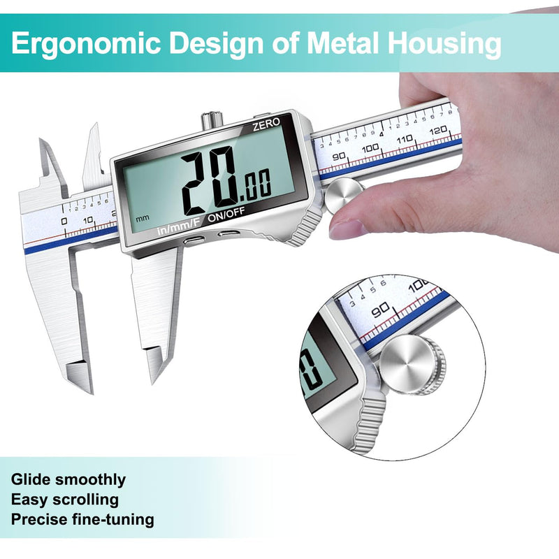 Kynup Digital Caliper 150mm Calliper with Large LCD Display | Digital Measuring Gauge, Inch/mm/Fraction Diverter Stainless Steel Precision Measuring Tool for DIY, Workshop and Woodworking silver full screen