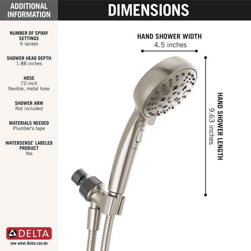 Delta Faucet 6-Spray H2Okinetic Handheld Shower Head with Hose, Brushed Nickel Handheld Shower Head, Hand Shower, Showerheads, Hand Held Shower Heads, Detachable Shower Head, Satin Nickel 75536SN Stainless