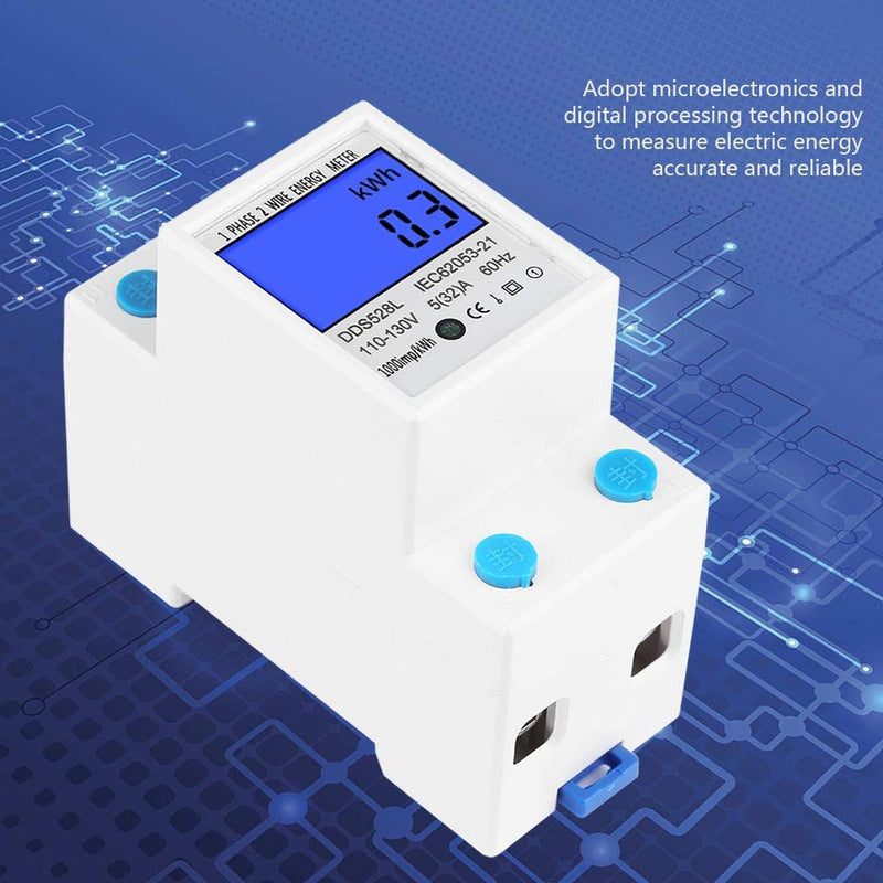 [Australia - AusPower] - Digital Energy Meter, 5-32A 110-130V 60Hz LCD Backlight Single Phase Energy KWh Meter 35mm DIN Rail Mounting with Buckle & Seal 