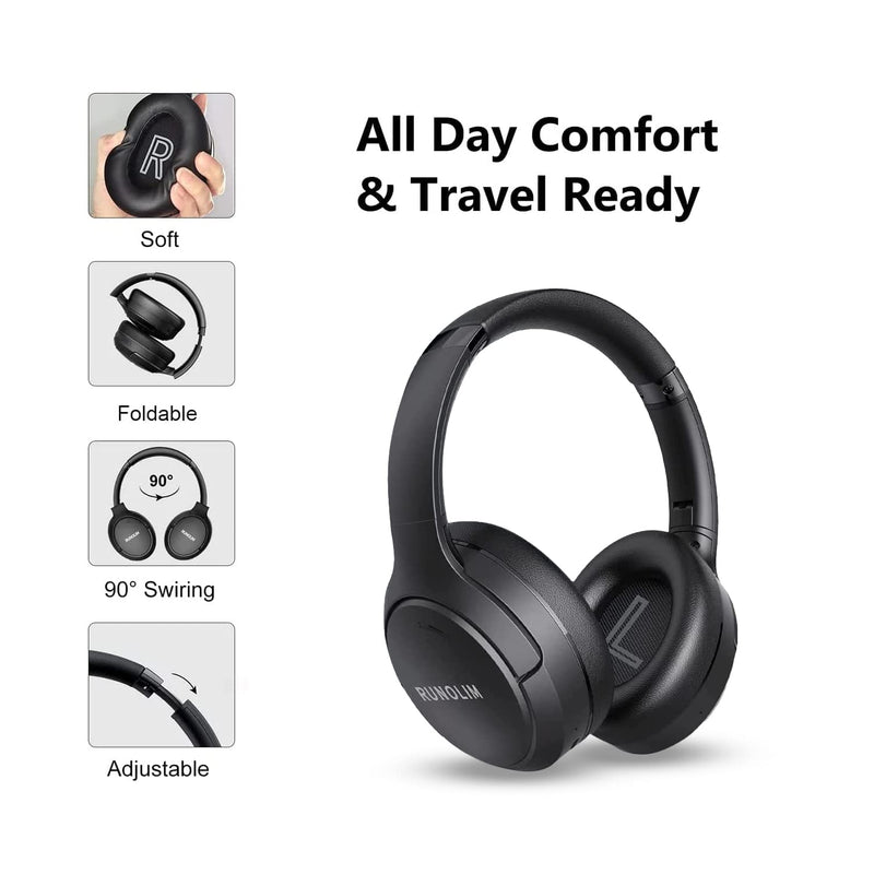 [Australia - AusPower] - RUNOLIM Hybrid Active Noise Cancelling Headphones, Wireless Over Ear Bluetooth Headphones with Microphone, 70H Playtime, Foldable Headphones with HiFi Audio, Deep Bass for Home Travel Office Black 