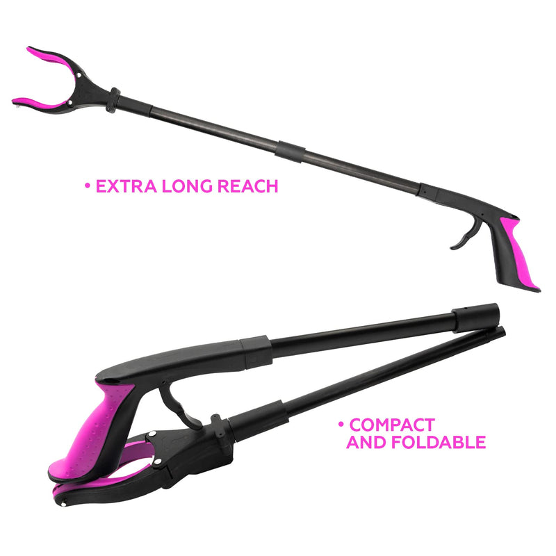 [Australia - AusPower] - Grabber Reacher Tool-Long 32 Inch Aluminum Foldable Pick Up Stick-Strong Grip Shelves LED Light Magnetic Tip, Lightweight Trash Picker Claw Reacher Grabber Tool for Elderly - by Luxet (32 Inch, Pink) 