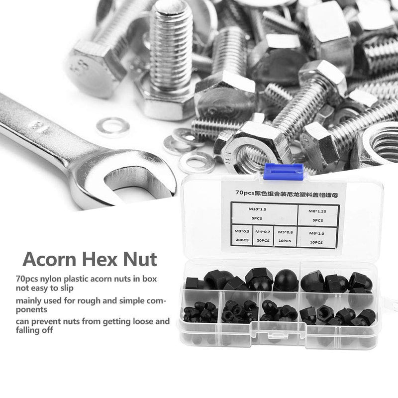 [Australia - AusPower] - 70Pcs M3/M4/M5/M6/M8/M10, Black Acorn Nuts Standard 8-32 Hardware Nuts Nylon Acorn Nut Kit Dome Head Cap Hex Nuts (Black) 
