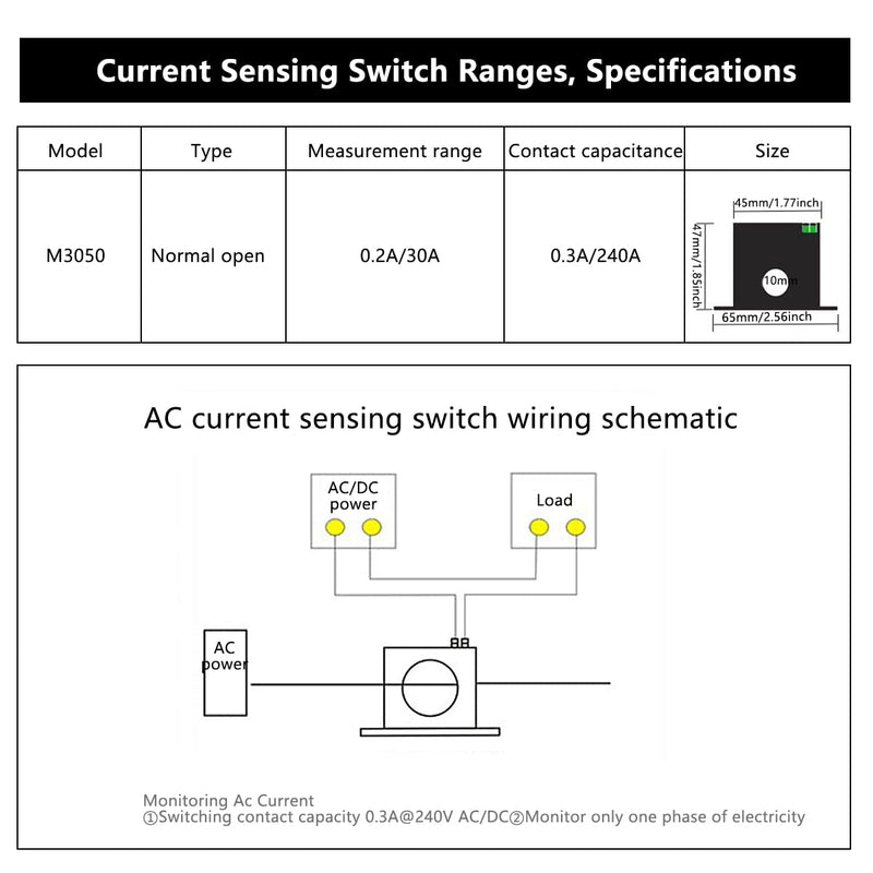 AC Current Sensing Switch, Adjustable Self-Powered Sensing Switch Normally Open Amp Sensor Monitoring Relay for Automated Equipment (0.2-30A) 30A