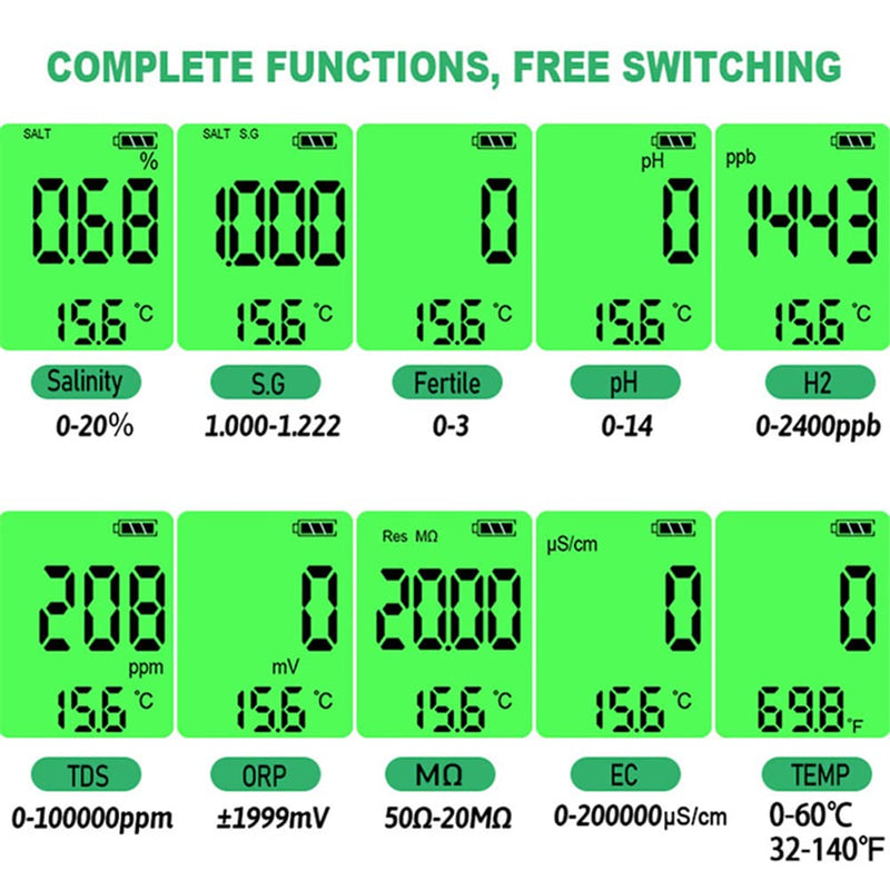 [Australia - AusPower] - 10 in 1 Water Quality Tester PH/TDS/Salt/SG/ORP/EC/Hydrogen/Resistivity/Temp/Nutrient Multifunction Testing Pen for Pool Aquarium Green 