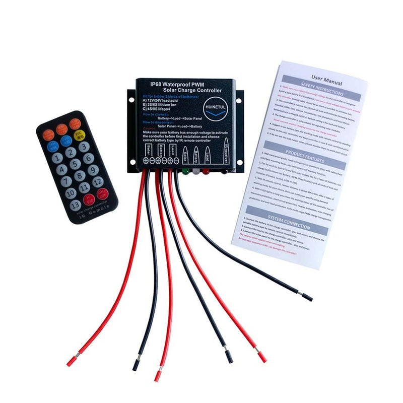 10A IP68 Waterproof Solar Charge Controller 12V 24V PWM Solar Panel Battery Charge Controller with IR Remote Control for Lithium Ion Lifepo4 Lead Acid Battery 24hrs Dust to Dawn Timer 10A controller with remote