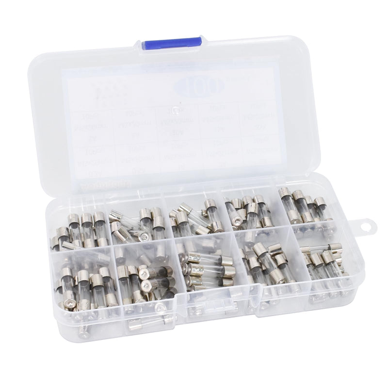 [Australia - AusPower] - 100 x 10 Values Quick Impact Glass Fuses Assortment Set 5 x 20 mm Fuse 250 V Fuses 0.2 A, 0.5 A, 1 A, 2 A, 3 A, 5 A, 6 A, 8 A, 10 A, 15 A Packaging in a Plastic Box 