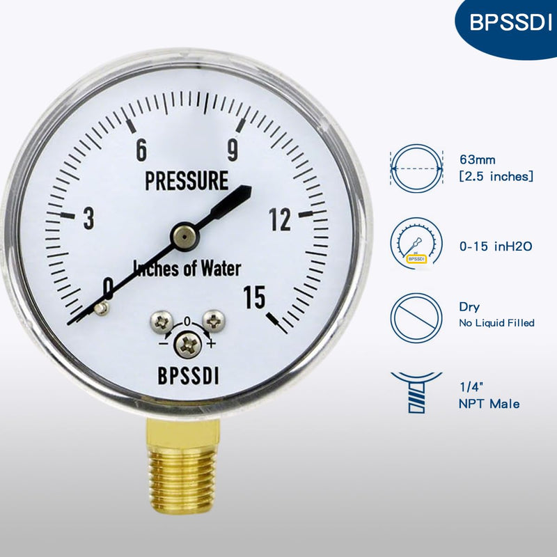 0-15 Inches of Water Column Gauge, Low Pressure Gauge, Capsule Gauge, 304 Stainless Steel Case, 2.5" Dial Size, 1/4" NPT Lower Mount, Zero Adjustment, for Air Water Gas Pressure Test 0-15inH2O（includes tape）