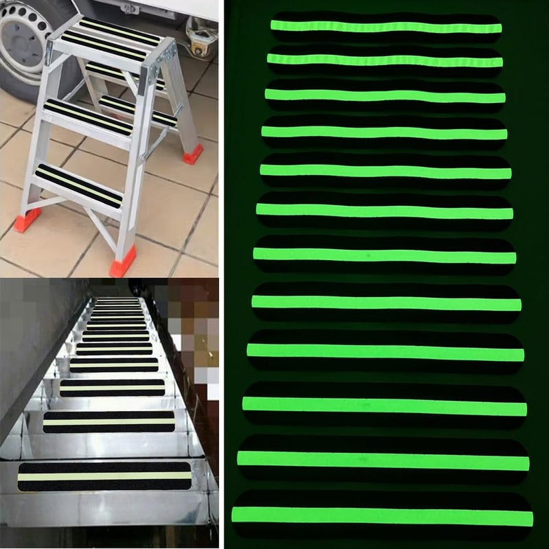 12-Pack Anti Slip Traction Tape with Glow in The Dark, 1.57inch x 13inch, Non-Slip Grip Adhesive Tape to Indoor or Outdoor Stair,Tubs, Boats, Safety Grip Tape Non Skid for Stair Steps #03Black with Glow 1.57 inch x 13 inch 12pcs