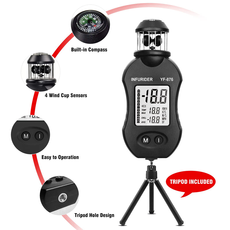 [Australia - AusPower] - Handheld Wind Gauge Wind Meter, INFURIDER YF-876 Digital Anemometer Wind Speed Meter for Wind Speed Meter, Wind Direction Meter with Compass for Outdoor Activities with HVAC Drone 1. YF-876 (upgraded) 