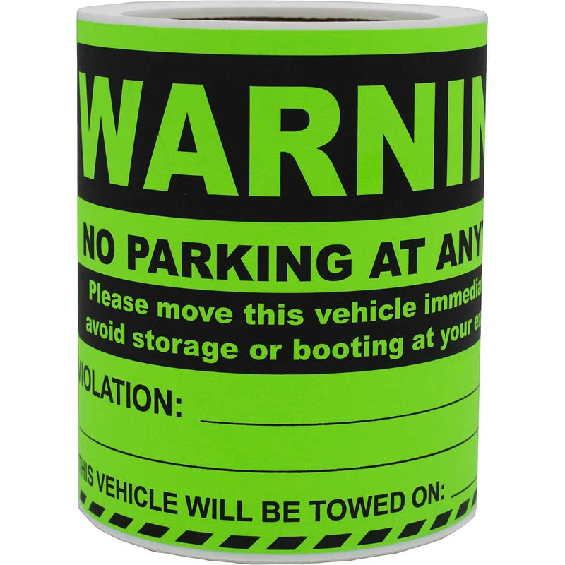 InStockLabels.com Warning No Parking at Anytime Stickers – Bright Green Warning Stickers for Unauthorized Vehicle for Towing & Booting Parking – 100 Labels per Roll