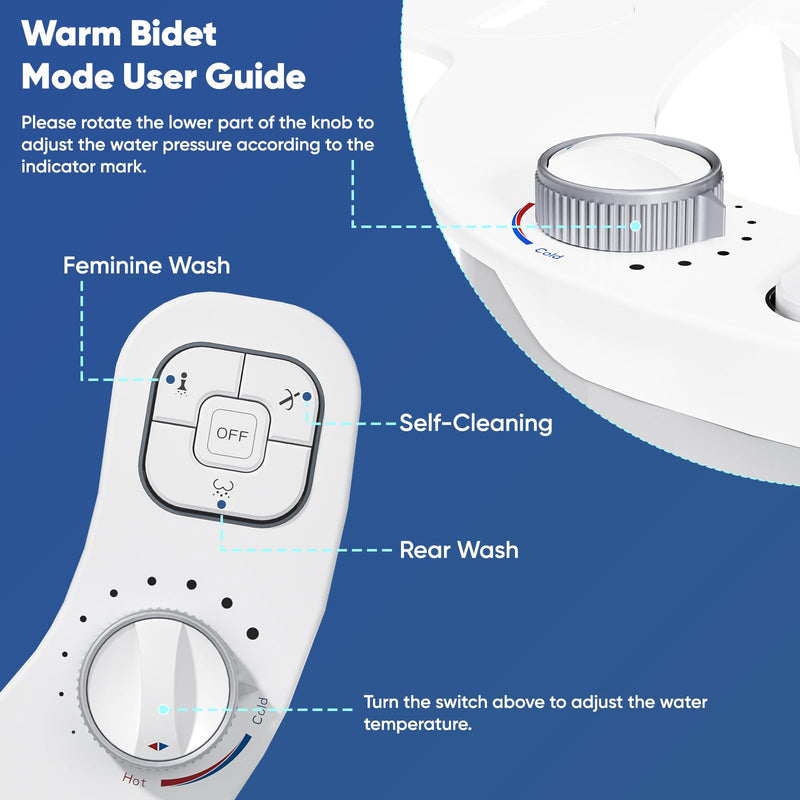 Hot and Cold Bidet, Warm Water Bidet Attachment for Toliet, Non-Electric Warm Bidet with Adjustable Water Pressure, Dual nozzle Rear and Feminine Wash - Self cleaning (White) White