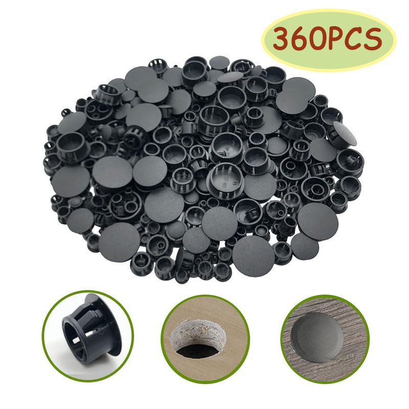[Australia - AusPower] - 360 PCS 9 Sizes Plastic Hole Plugs Flush Type Hole Plugs Snap in Locking Hole Tube, Furniture Fencing Post Pipe Insert End Caps (Black) Black 